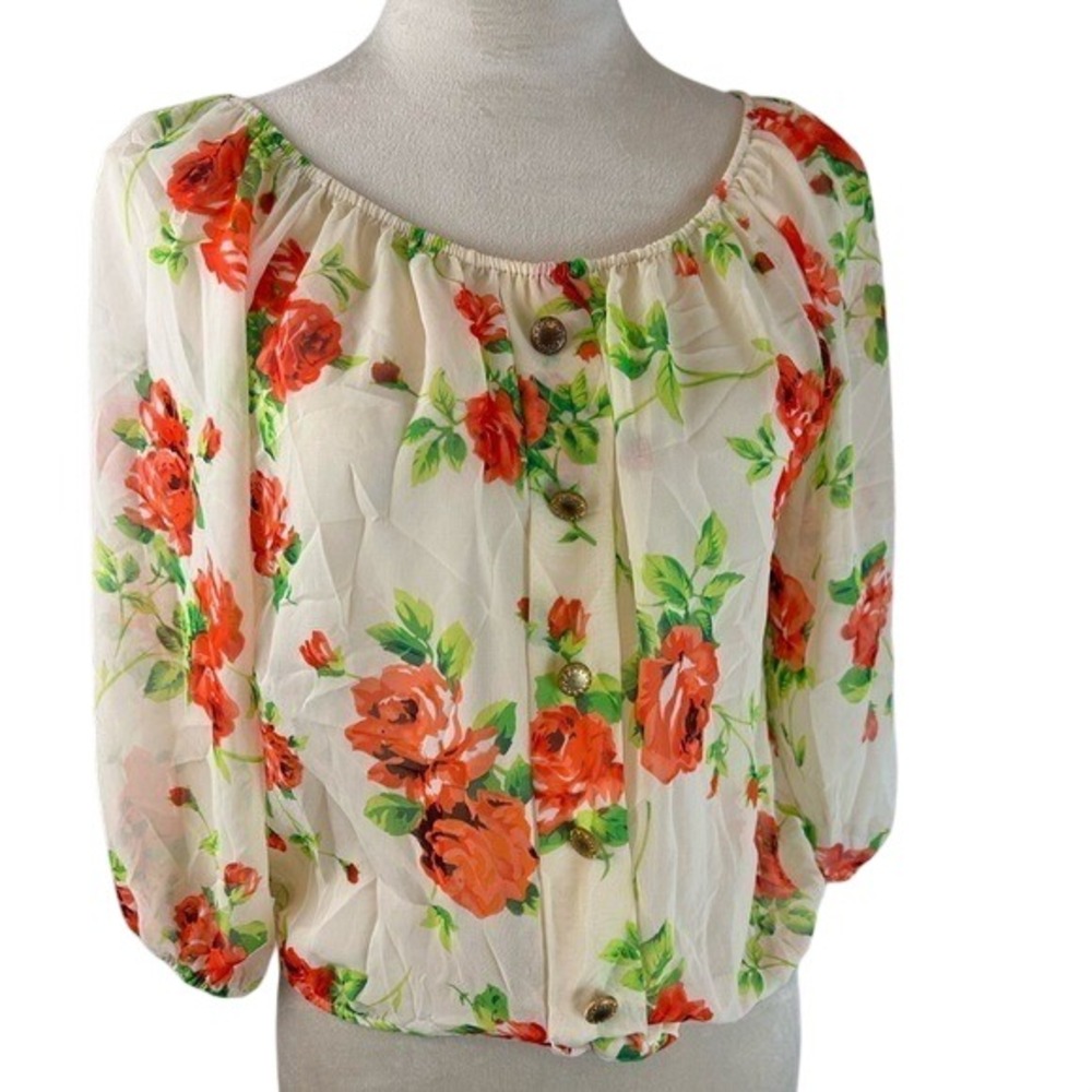 Moa USA Women's Floral Chiffon Cream Red Rose Tie Front Blouse Size Large
